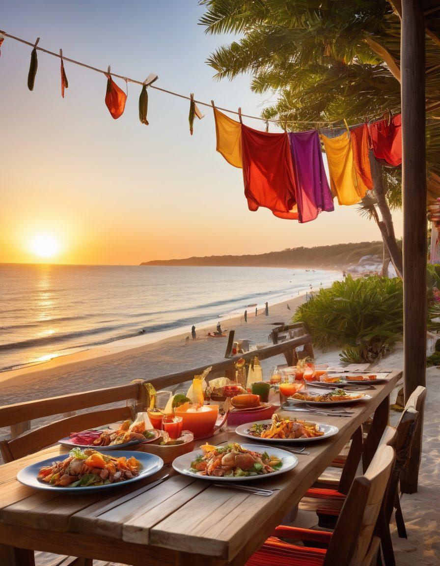 A vibrant beach scene transitioning into a cozy bistro setting, showcasing colorful swimwear styles dangling from a clothesline, while a table is laden with spicy dishes like tacos and fresh seafood. The sun sets in the background, casting a warm glow across the scene, blending the relaxing beach vibes with a taste of savory culinary delights. The image captures the essence of summer fun and sophisticated dining. super-realistic. vibrant colors.